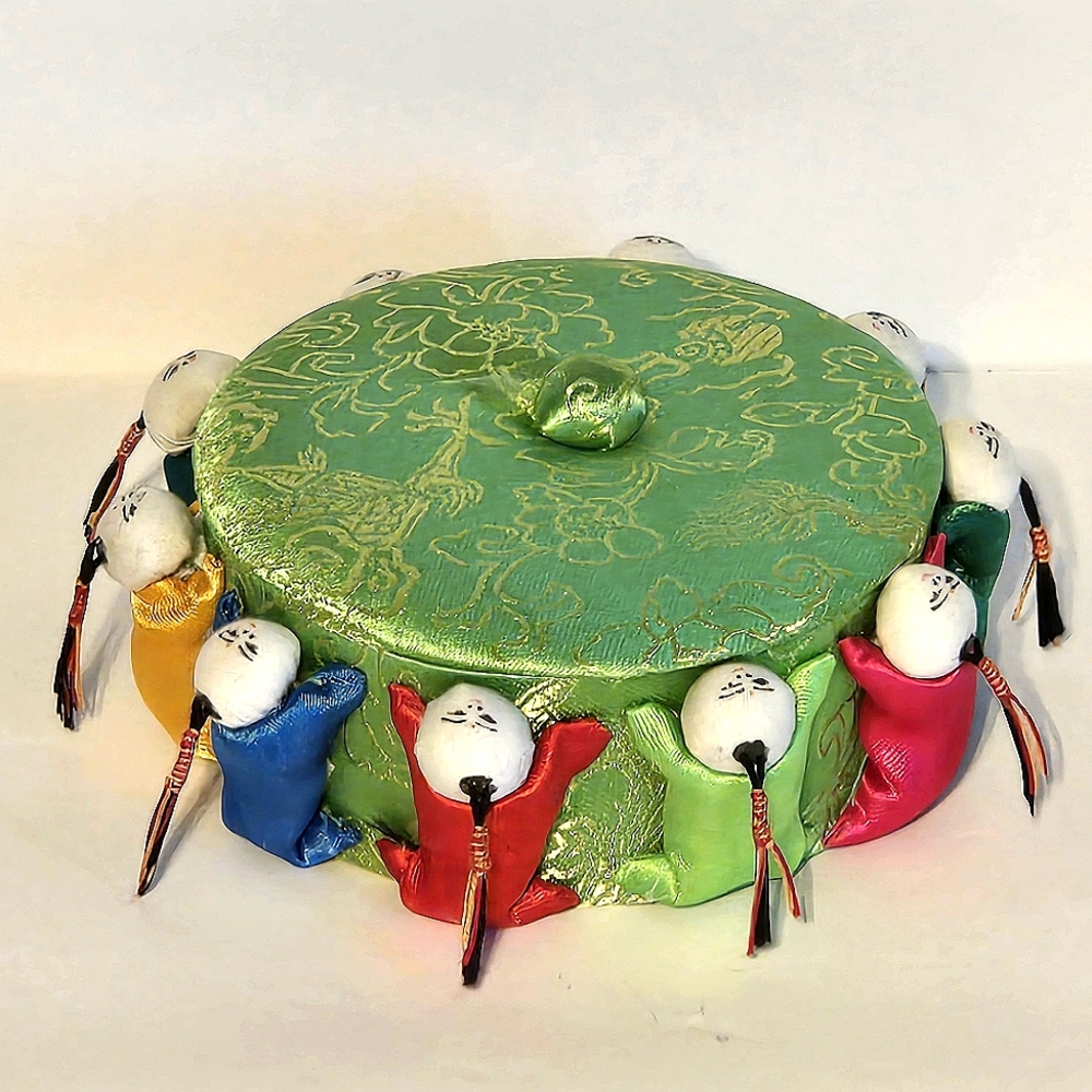 VTG Handmade Chinese Silk Brocade Pincushion Trinket Box, Children Ring - Unused